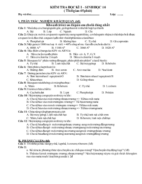 Kiểm tra học kì I  sinh học 10 ( thời gian 45 phút)